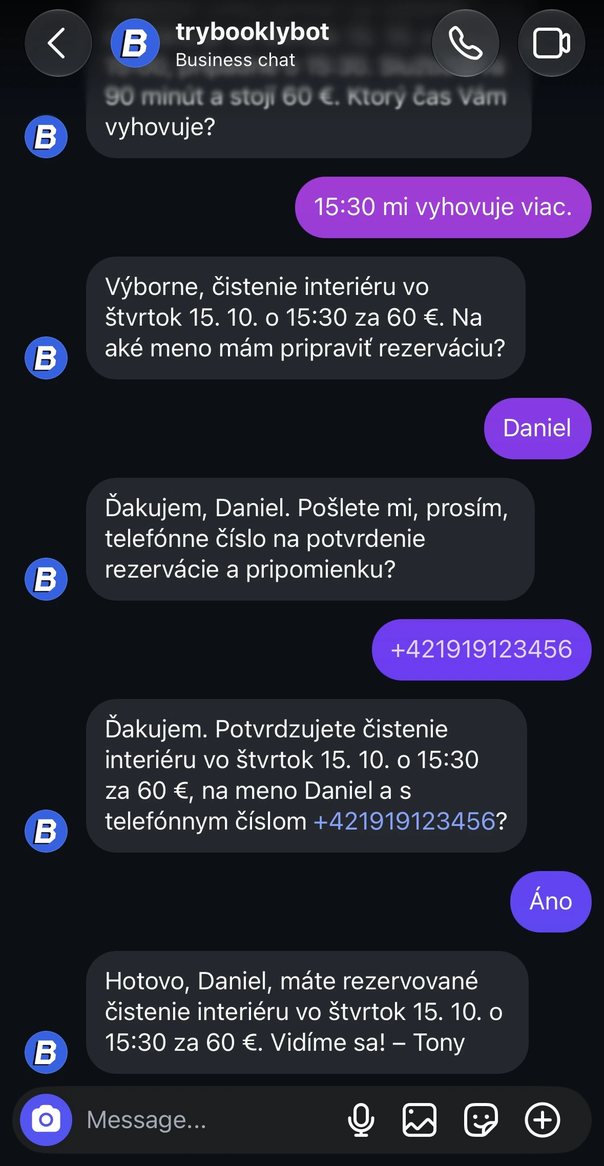 Rezervácia cez Instagram: bot ponúkne čas, vypýta si meno a číslo a potvrdí termín